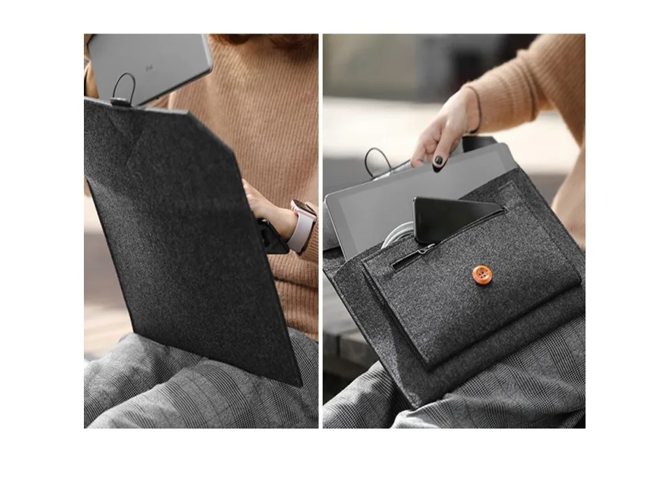 A person using the felt laptop sleeve to store a tablet.
