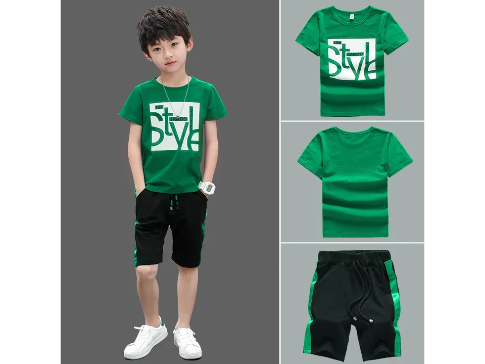 A boy wearing a green t-shirt and black shorts, with separate views of the shirt and shorts.