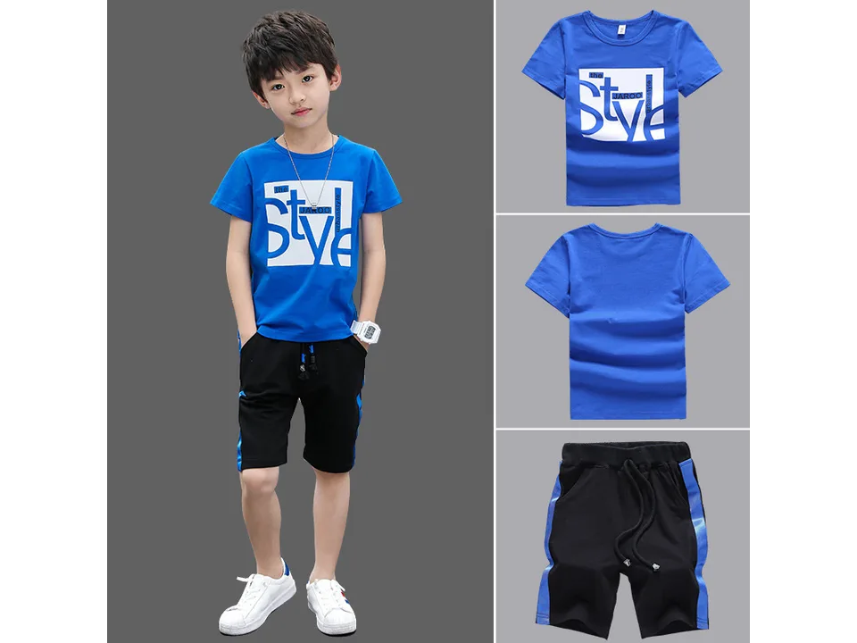 A boy wearing a blue t-shirt and black shorts, with separate views of the shirt and shorts.
