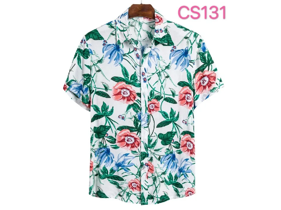 Men's short sleeve button-down shirt with a pink and blue floral print on a white background.