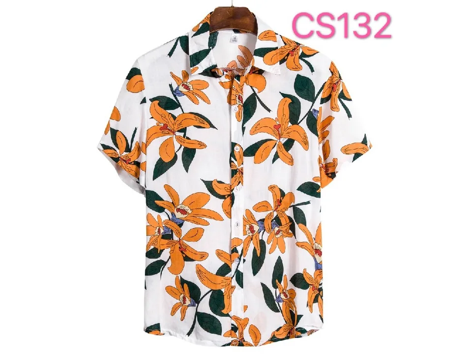Men's short sleeve button-down shirt with an orange and green floral print on a white background.