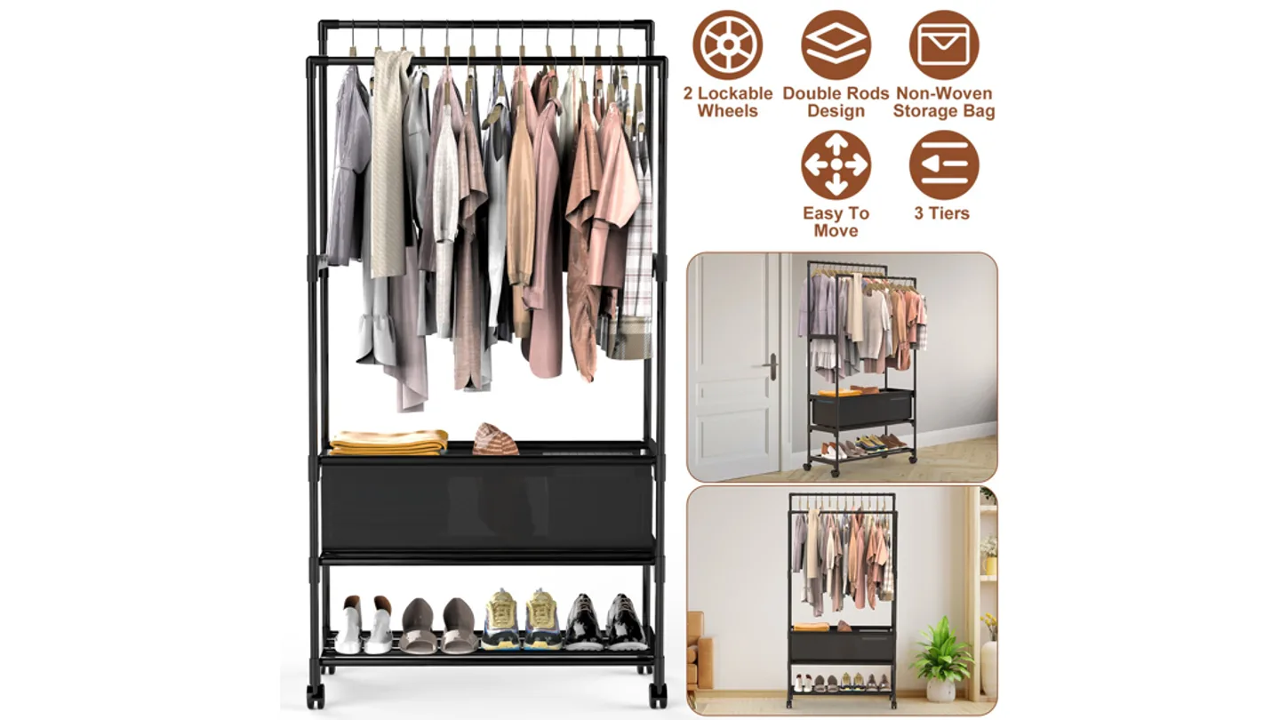 A clothing rack with double hanging rods, a storage bag, and shoe shelves, shown with feature icons and in a room.