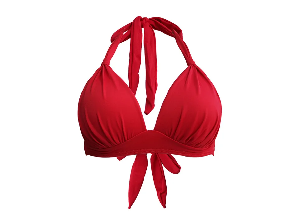 Red halter bikini top on a white background.
