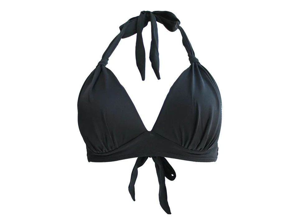 Black halter bikini top on a white background.