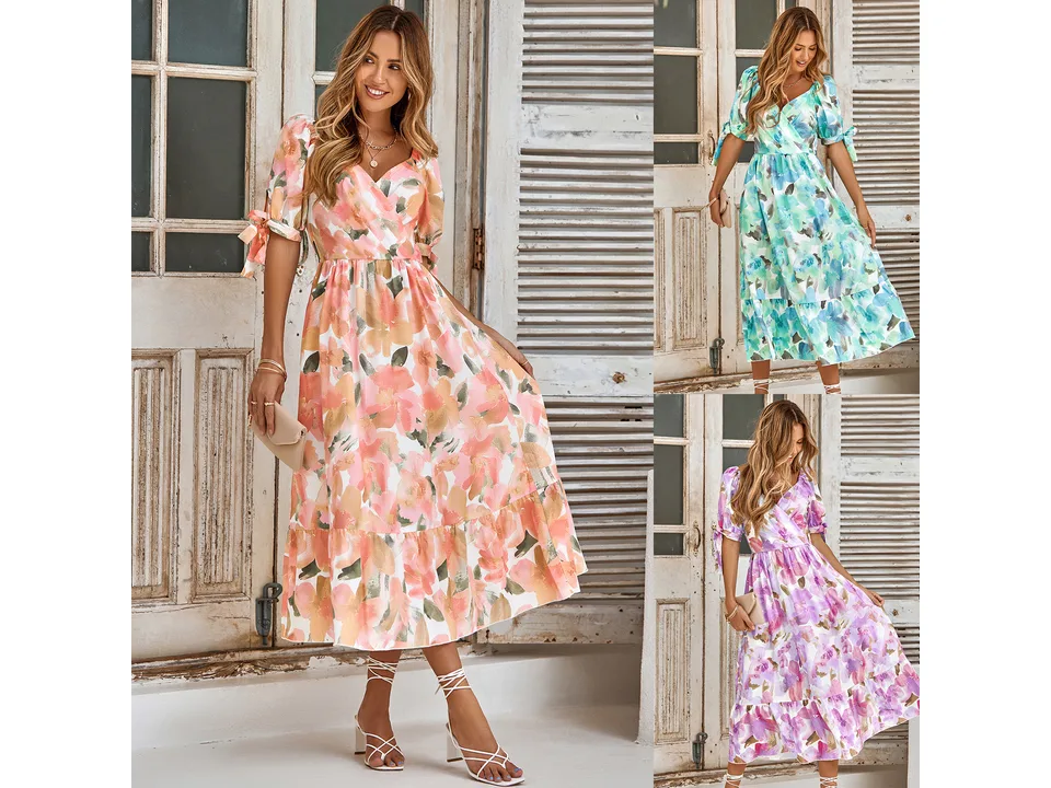 A model wearing the floral midi dress in three different color options.