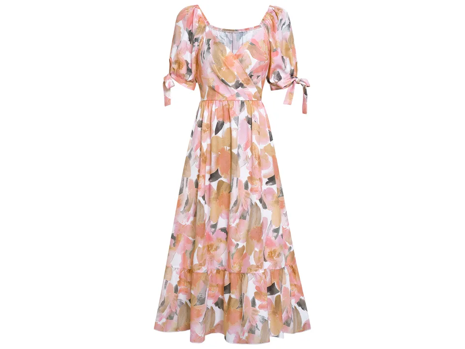 The peach and pink floral midi dress displayed on a mannequin.