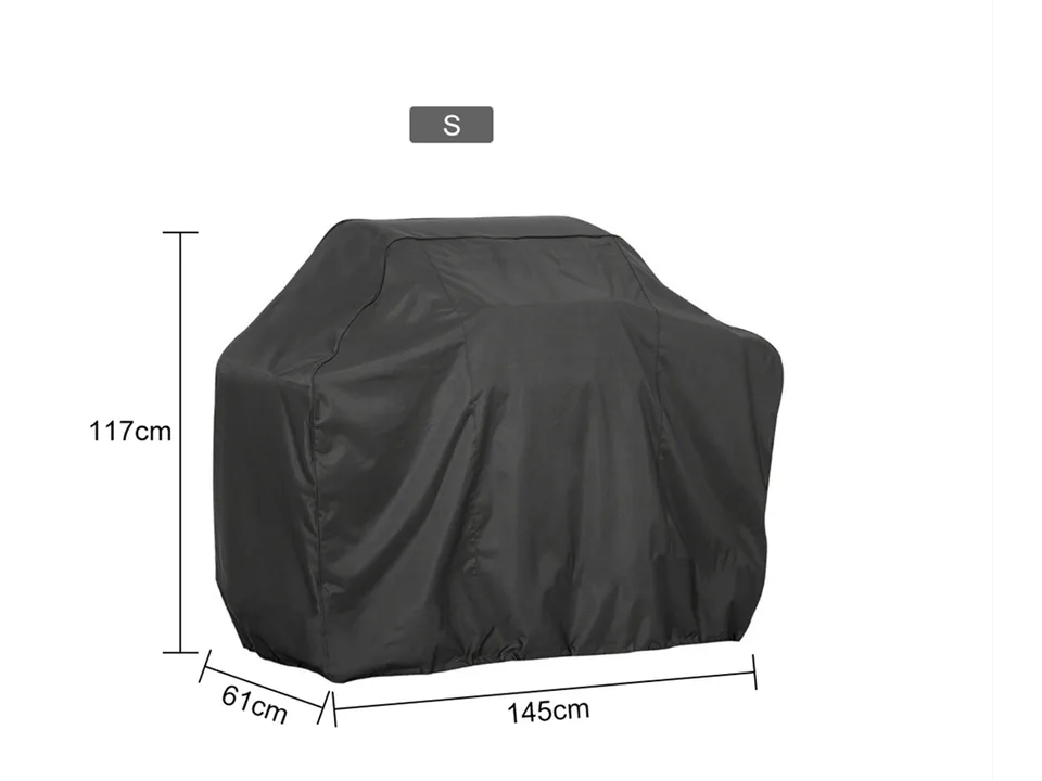 Black barbecue grill cover with dimensions labeled in centimeters.