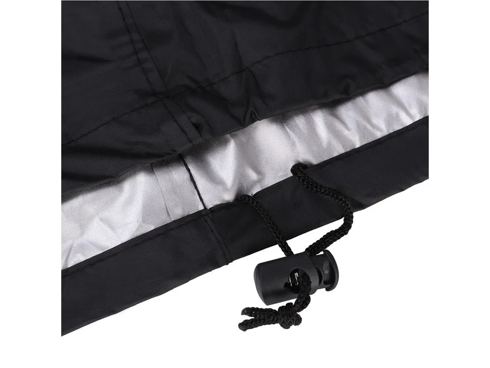 Close-up of the grill cover fabric with a drawstring and toggle fastener.