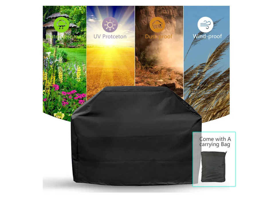 Grill cover with icons for water, UV, dust, and wind resistance, plus a carrying bag.