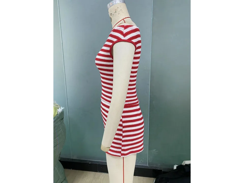 Side view of a red and white striped sleeveless crop top and shorts set on a mannequin.