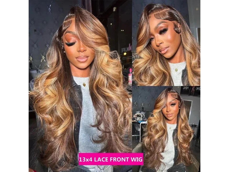 A model wearing the long curly ombre lace front wig from multiple angles.