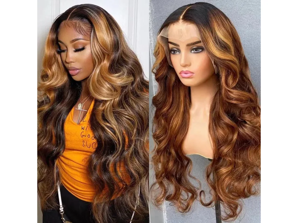 The long curly ombre lace front wig displayed on a mannequin head.