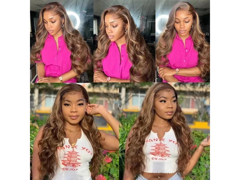 A model wearing the long curly ombre lace front wig.