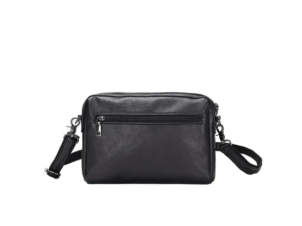 Back view of the black crossbody bag showing the zipper pocket.