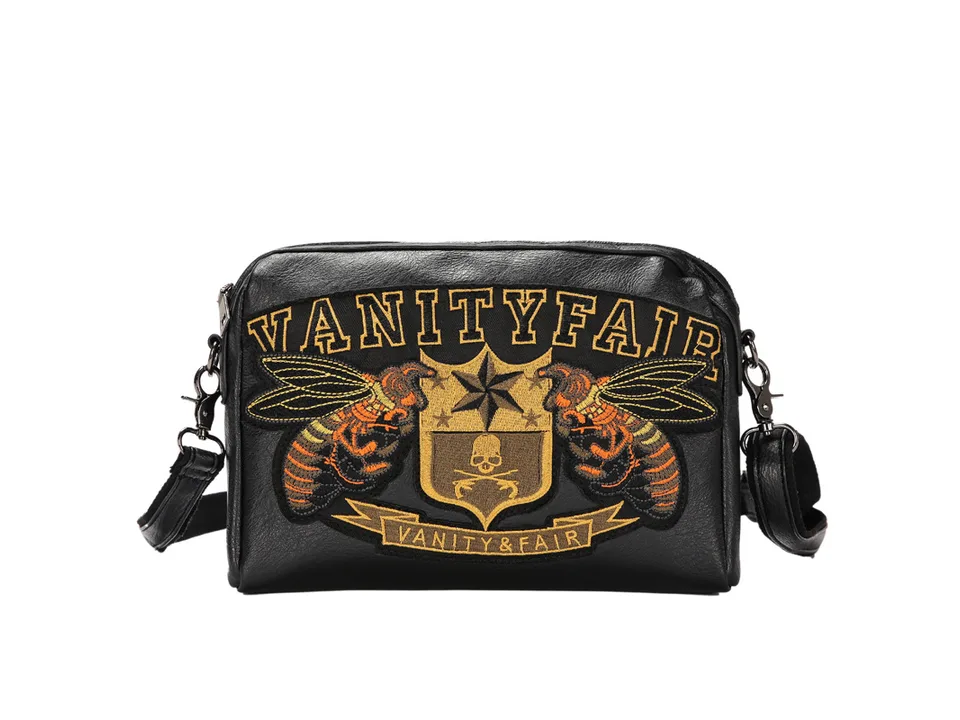 Black crossbody bag with embroidered bee and skull design on the front.