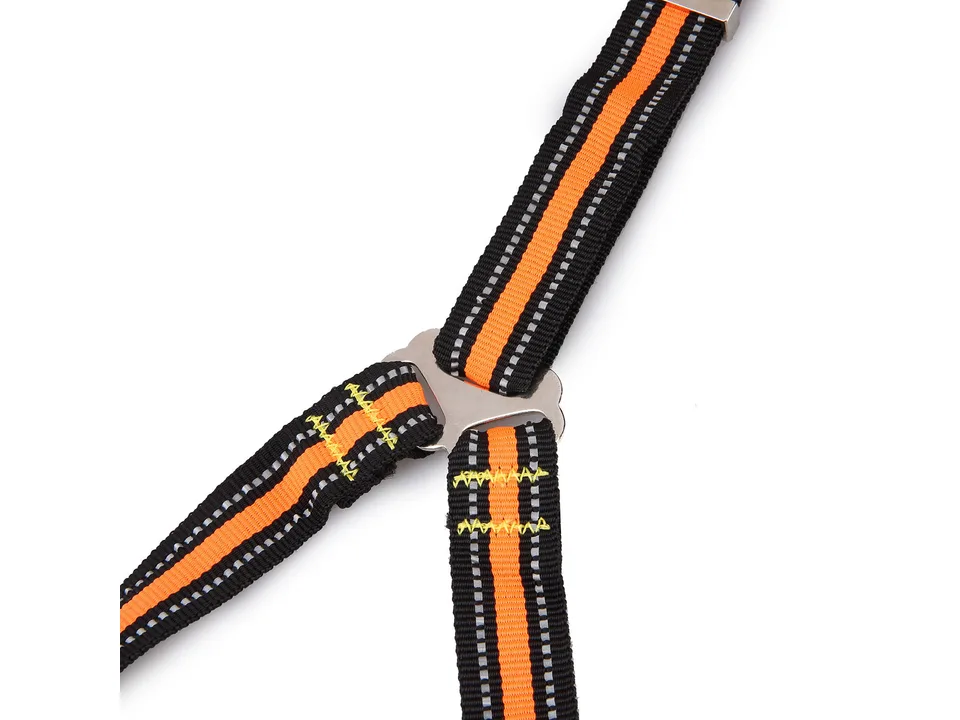 Close-up of the metal splitter junction connecting the two leash straps.