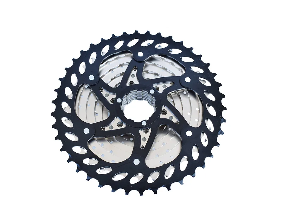 Rear view of the assembled bicycle cassette showing the gear teeth and spider.