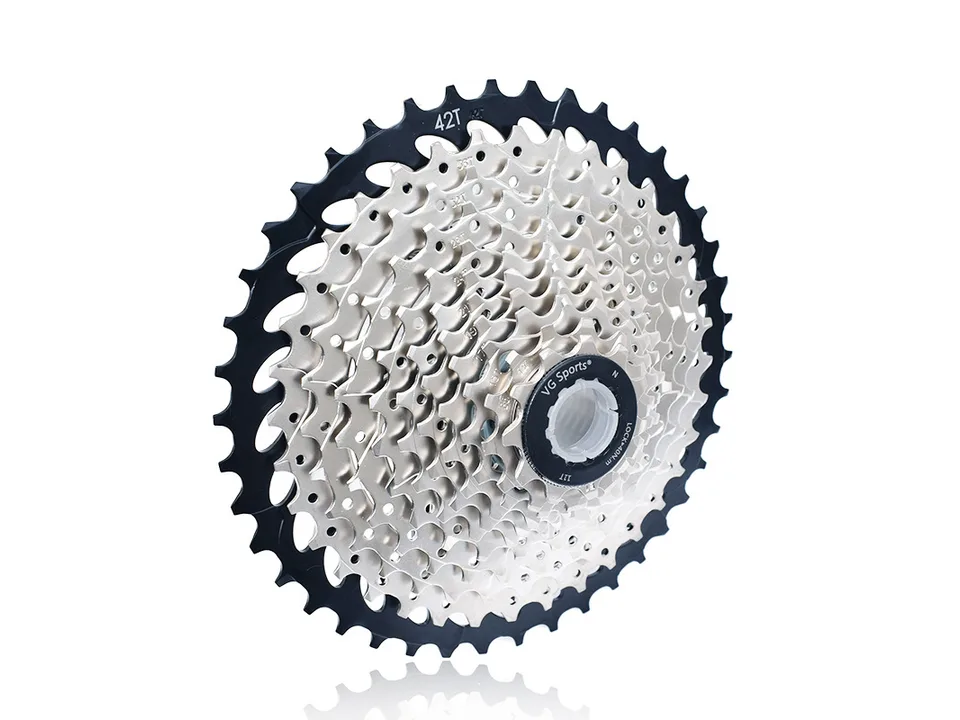 Fully assembled bicycle cassette showing the gear range and lockring.