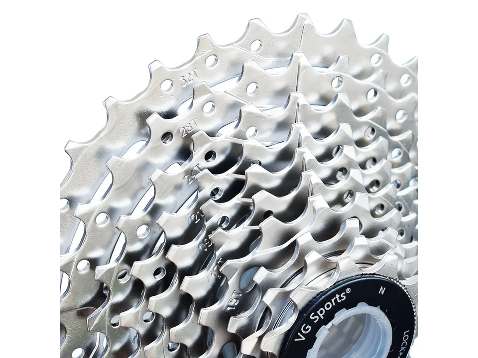 Close-up of bicycle cassette gears showing individual tooth counts.