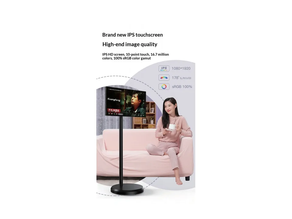 Portable smart screen displaying high-quality video in a living room setting.