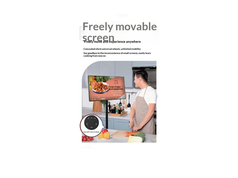 Portable smart screen on a wheeled stand being used in a kitchen for cooking tutorials.