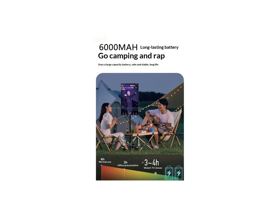 Portable smart screen being used outdoors at a campsite.