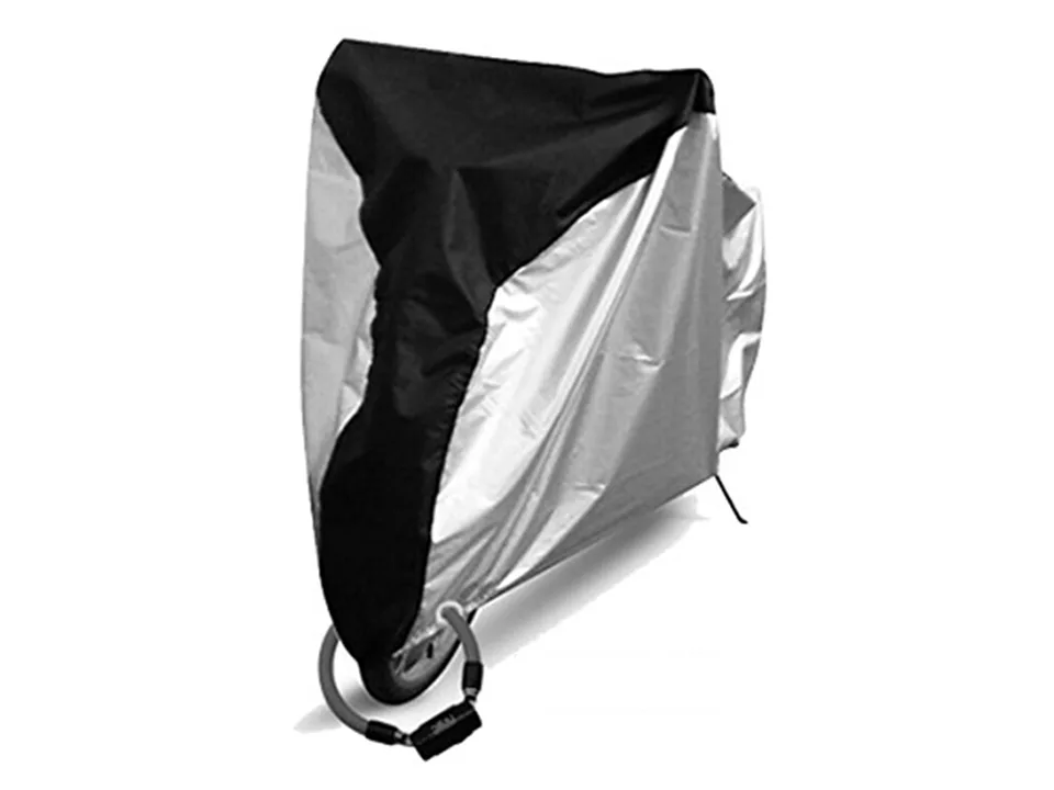 A silver and black bicycle storage cover fitted over a bike.