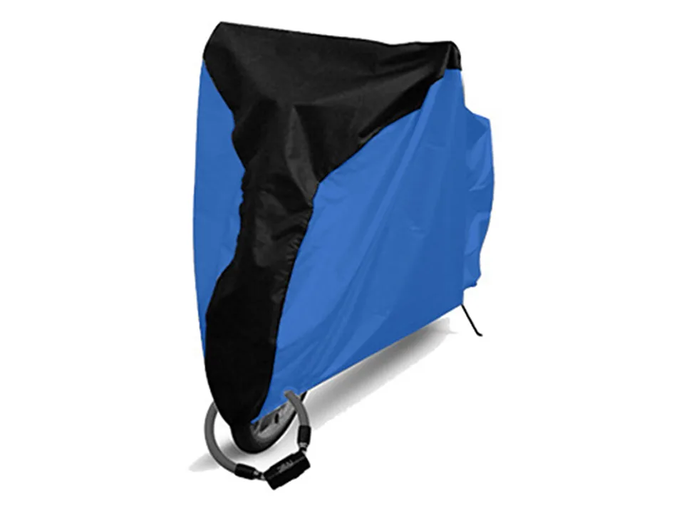 A blue and black bicycle storage cover fitted over a bike.