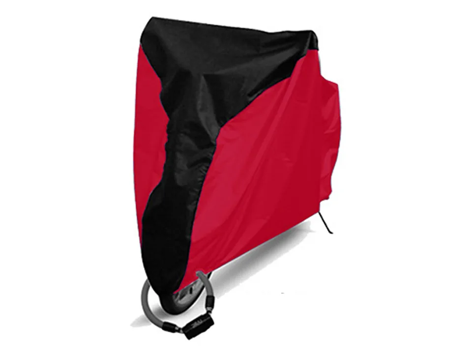 A red and black bicycle storage cover fitted over a bike.