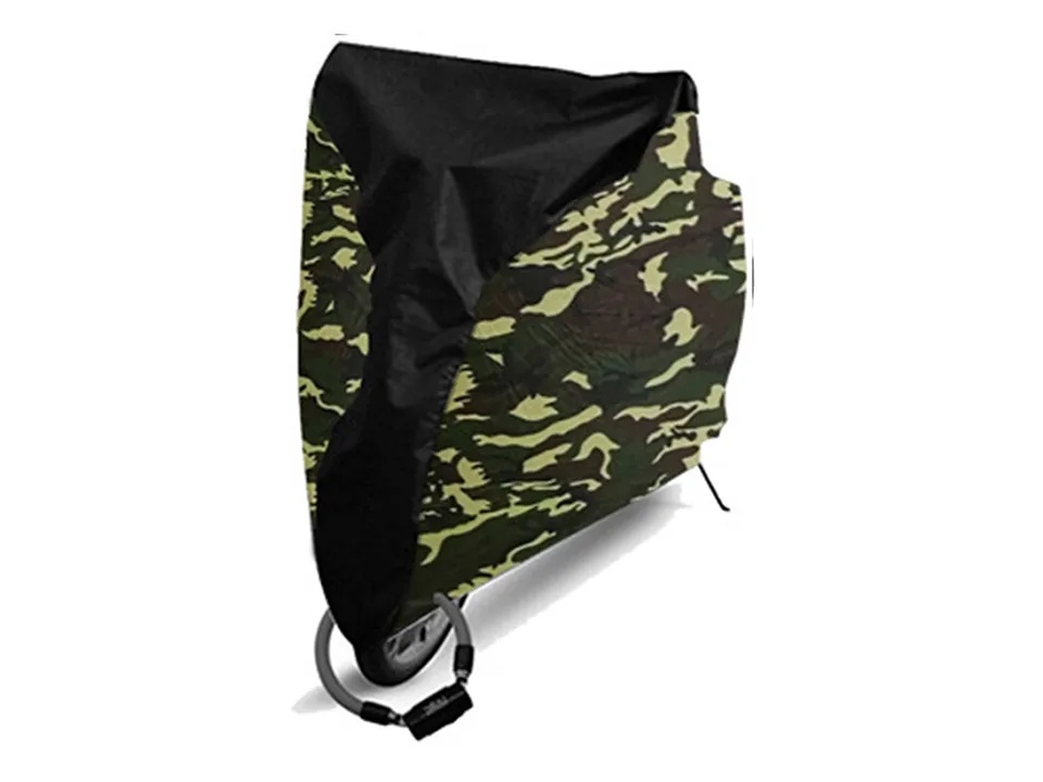 A camouflage and black bicycle storage cover fitted over a bike.