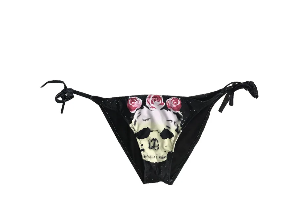 Skull and rose print bikini bottom with side ties.