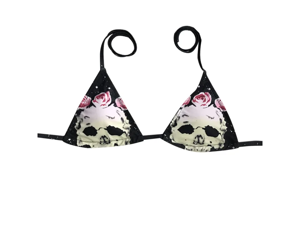 Skull and rose print bikini top with triangle cups.