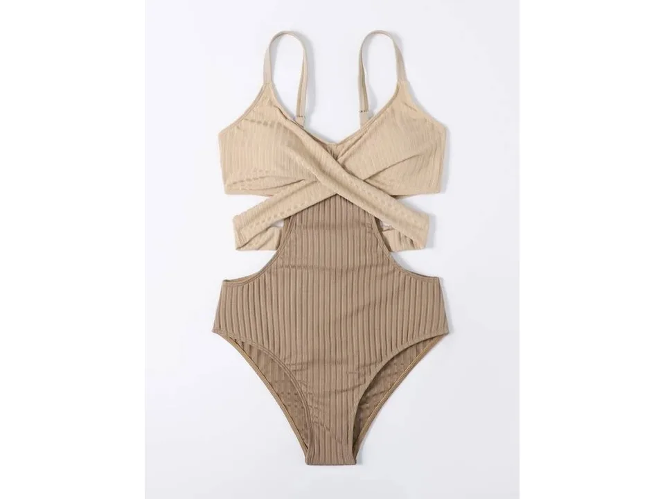 Front view of a beige and brown ribbed one-piece swimsuit.