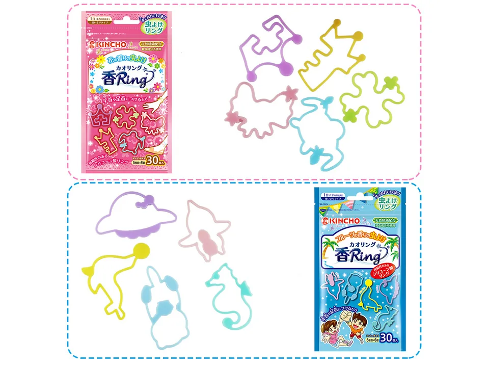 Pink and blue packaging for mosquito repellent bracelets with various shaped silicone bands.