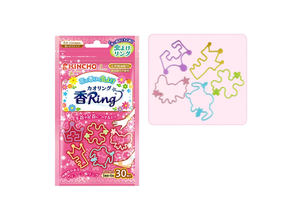 Pink packaging for mosquito repellent bracelets with flower and crown shaped silicone bands.