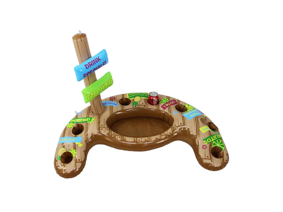 Inflatable tiki-themed pool drink holder isolated on a white background.