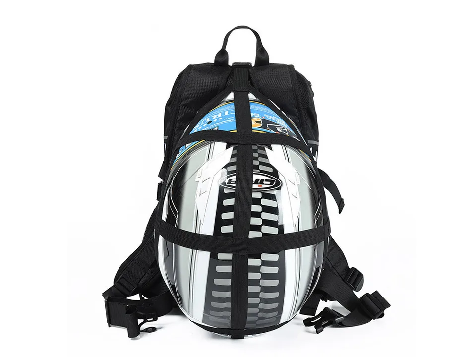 Motorcycle backpack with a helmet secured to the back