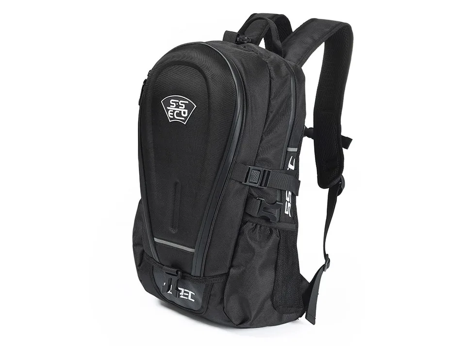 Black motorcycle backpack, side view