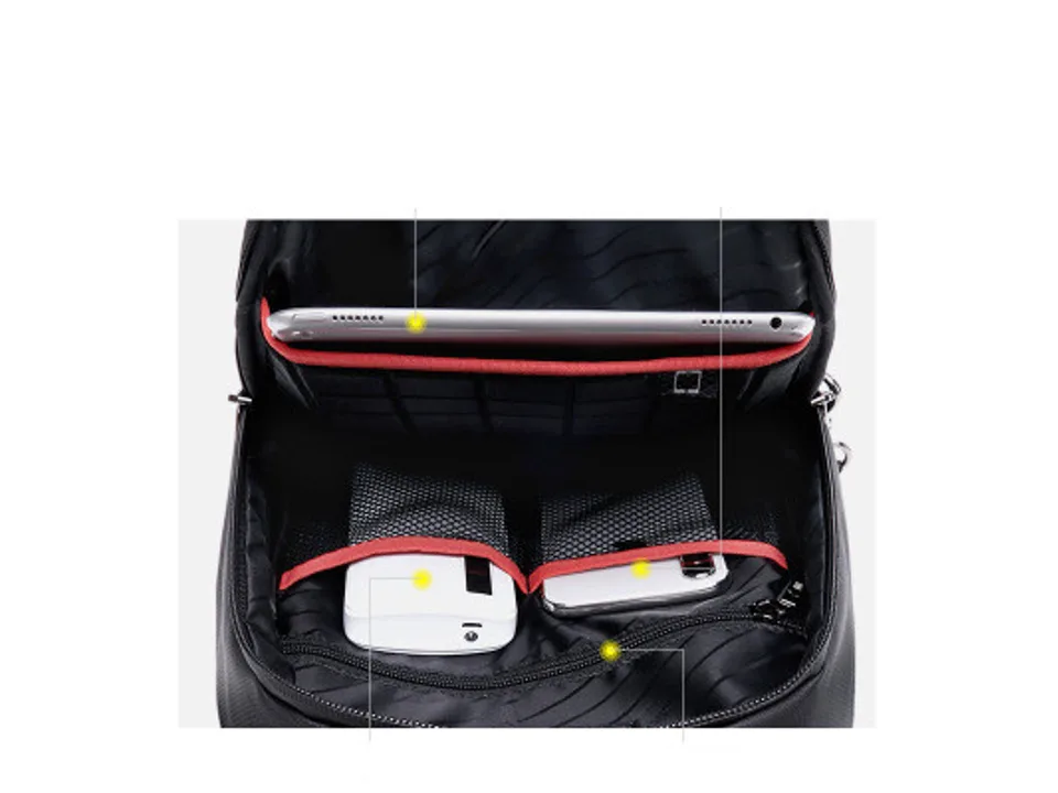 Interior view of the bag showing compartments for a tablet and other items.