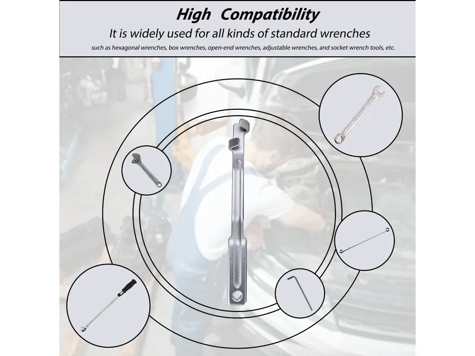 Wrench extension tool shown with various compatible wrench types