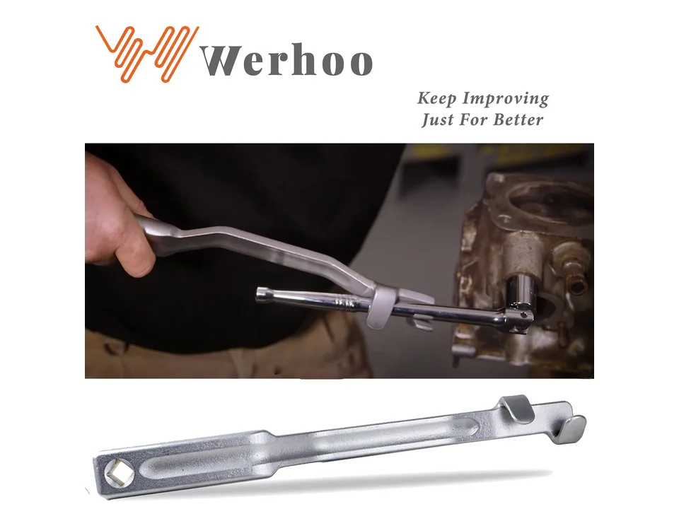 Person using the wrench extension tool on a car engine part