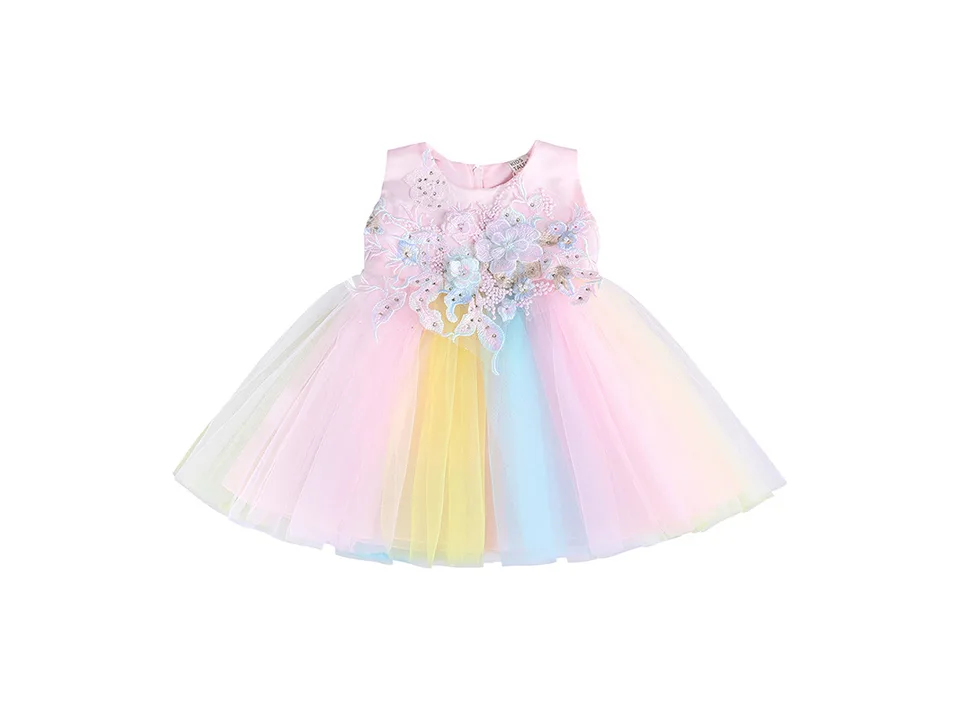 A pastel-colored baby girl's dress with floral lace embellishments.