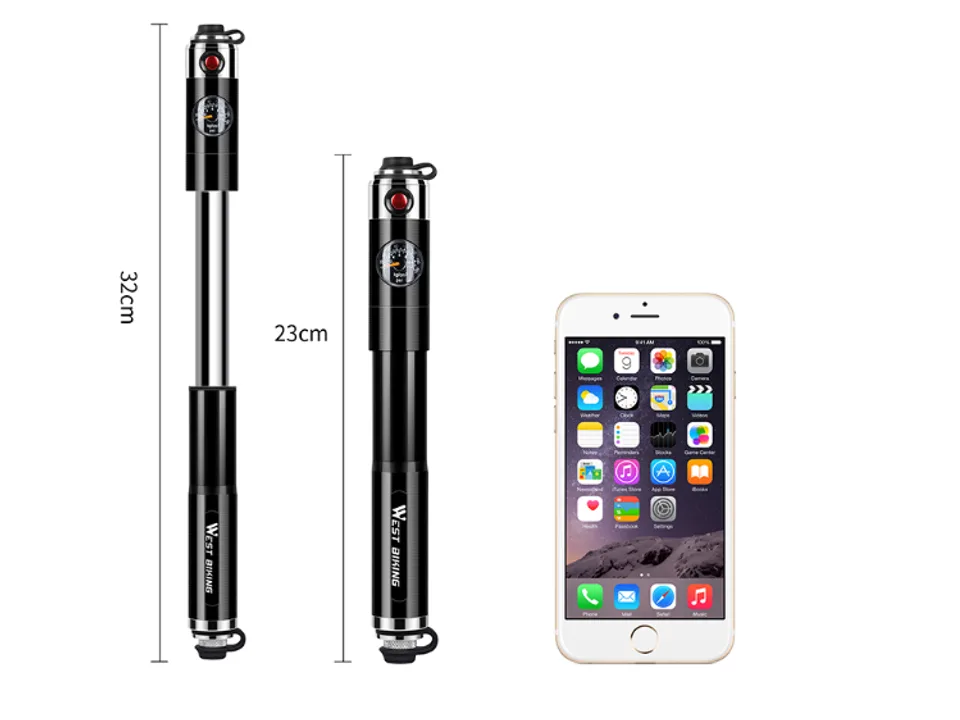 Two black bicycle hand pumps shown in extended and retracted positions next to a smartphone for scale.