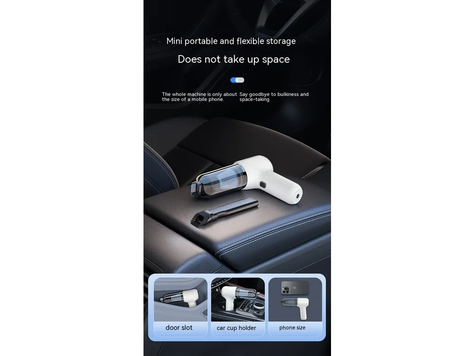 Handheld vacuum cleaner shown in a car door slot, cup holder, and compared to a smartphone size.