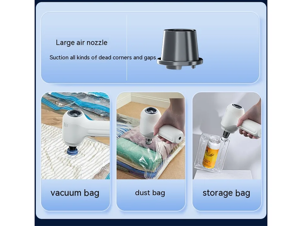 Handheld vacuum cleaner being used with different attachments for vacuum bags and storage bags.