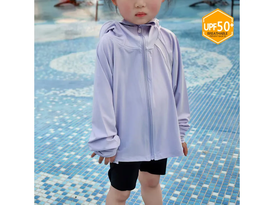 A child wearing a light purple sun jacket, seen from the back.