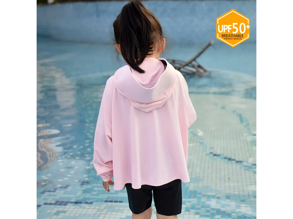 A child wearing a pink sun jacket, seen from the back.