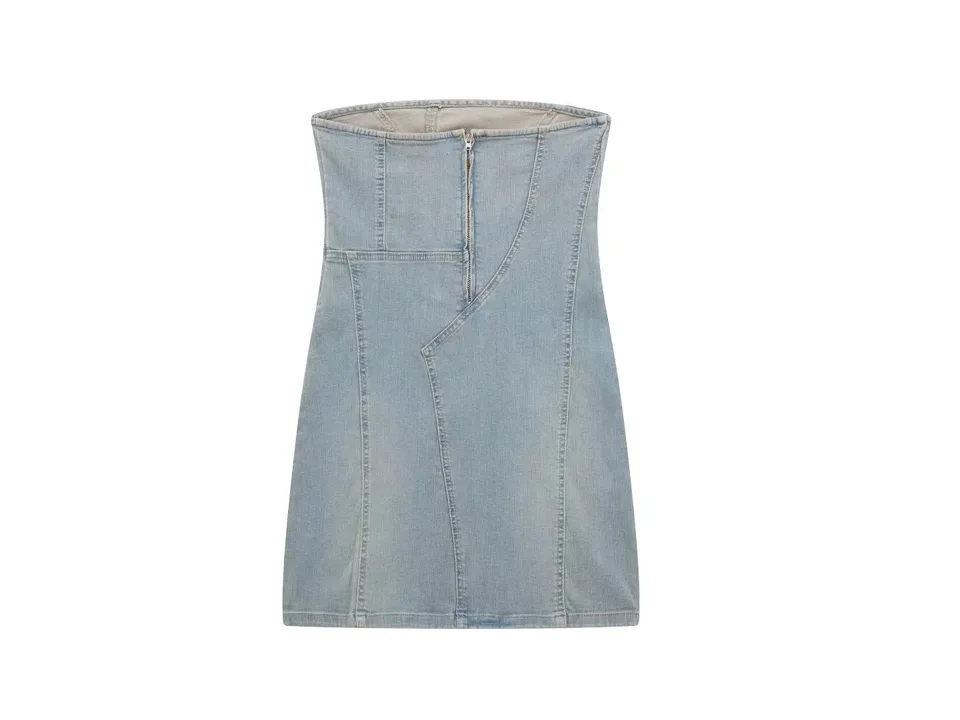 Back view of the denim tube top mini dress on a white background.