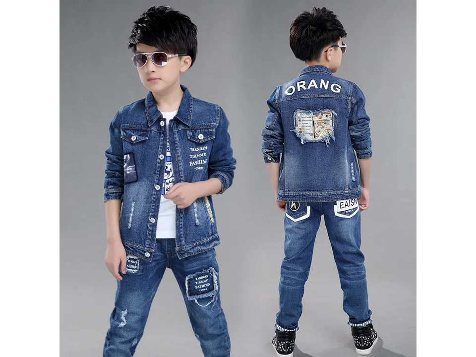 Front and back view of a boy wearing a denim jacket and jeans set.
