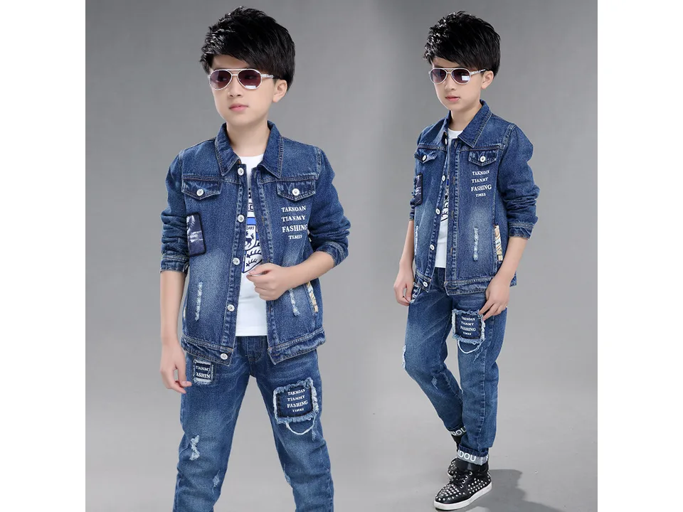 Front and side view of a boy wearing a denim jacket and jeans set.